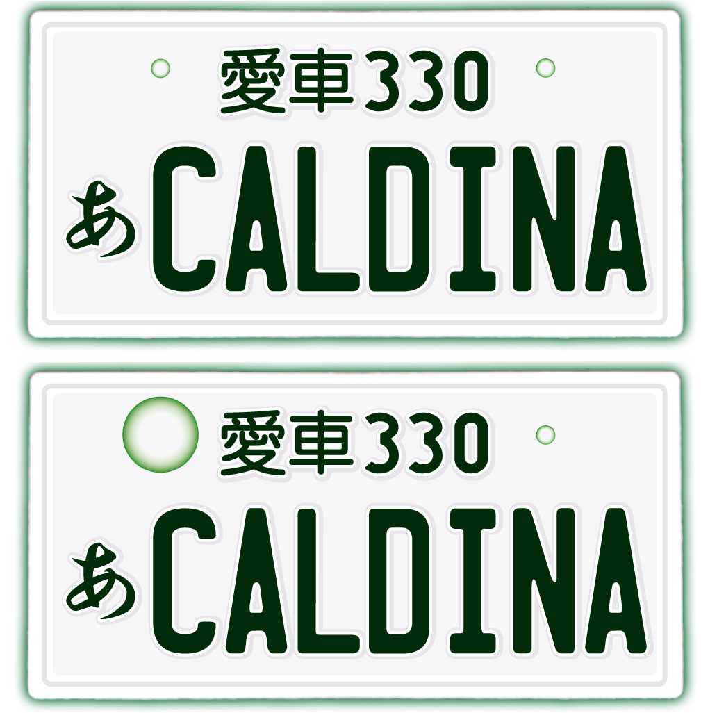 【フロント＆リア用2枚組】なんちゃってナンバープレート【CALDINA】 文字固定タイプJDMプレート、車種名、カスタムカー、愛車、カーアクセサリー、カーグッズ、トヨタ、TOYOTA、ダッシュボード イベント 展示用 カーショー カスタマイズ