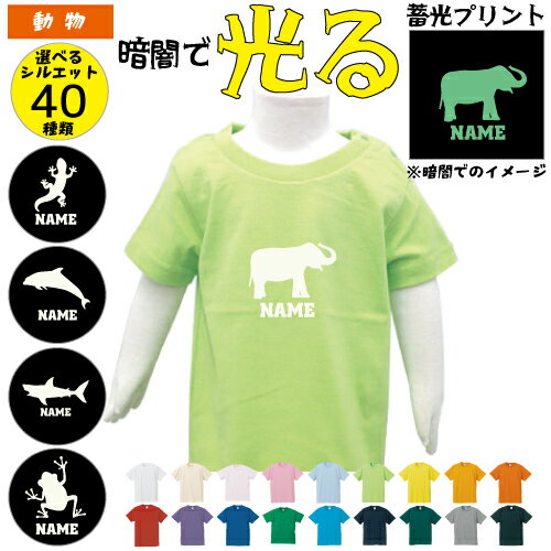 「動物2」光るプリント名入れTシャツ 蓄光 マグロ タコ イカ エビ サメ ジンベイザメ なまけもの ぞう カメレオン ヤモリ トカゲ ヘビ 爬虫類 哺乳類 カメ イグアナ シャチ ペンギン タツノオトシゴ