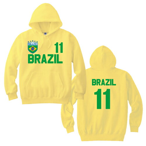【名入れ＆背番号入りプルオーバーパーカー ブラジル BRAZIL 】8.4オンス裏毛 綿100％ 110サイズ・130サイズ・150サイズ ブラジル代表 キッズ用