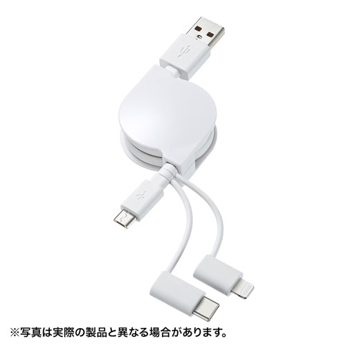 【5個セット】 サンワサプライ ライトニング・TypeC・microB 巻取りUSB 3in1 ケーブル 0.8m KB-IPLTM08KWX5