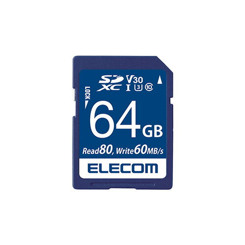 読み出し最大80MB/s、書き込み最大60MB/sの高速データ転送を実現。UHS-I,UHSスピードクラス「Class3」,ビデオスピードクラス「V30」に対応し、4K動画にも最適な高速タイプのSDXCメモリカード。読み出し最大80MB/s、書き込み最大60MB/sの高速データ転送を実現。UHS-I,UHSスピードクラス「Class3」,ビデオスピードクラス「V30」に対応し、4K動画にも最適な高速タイプのSDXCメモリカード。 ●高速インターフェース規格であるUHS-I/UHSスピードクラスの「Class3」/ビデオスピードクラスV30、および読み書き時の最低速度を保証するSDスピードクラスの「class10」に対応したSDカードです。 ●読み出し最大80MB/s、書き込み最大60MB/sの高速データ転送を実現します。 ●UHS-I非対応機器で使用する場合は、SDスピードクラスの「class10」に対応します。対応機器で使用することで本来の性能を発揮します。 ●※最大転送速度は当社環境による実測値であり、すべての環境において保証するものではありません。 ●1年間の保証期間内で1回限り、無償でデータ復旧サービスを利用可能です。 ●※データ復旧サービスは、製品状態により必ずしもすべてのデータが完全に復旧することをお約束するものではなく、データ損害については当社は責任を負いかねます。 ●高速タイプなので、4Kに対応したビデオカメラでの使用にも最適です。 ●CPRM技術を採用した著作権保護機能を搭載しています。 ●保証期間を「1年間」としていますので、安心してご利用いただけます。 ●メモリ規格:SDXC ●スピードクラス:Class10,UHS-I,U3,V30 ●インターフェイス:SD ●メモリ容量:64GB ●最大転送速度:読み出し:80MB/s,書き込み:60MB/s ●最低保証速度:30MB/s(※UHS-I対応機器使用時) ●外形寸法:幅24.0mm×奥行2.1mm×高さ32.0mm ●重量:約2.0g ●保証期間:1年(データ復旧サービス含む)読み出し最大80MB/s、書き込み最大60MB/sの高速データ転送を実現。UHS-I,UHSスピードクラス「Class3」,ビデオスピードクラス「V30」に対応し、4K動画にも最適な高速タイプのSDXCメモリカード。