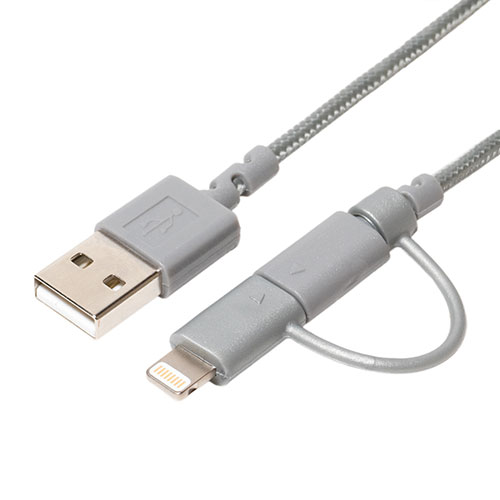 LightningとmicroUSBに両対応した高耐久USBケーブル■ Lightningコネクタ、microUSB両対応 高耐久、高出力のmicroUSBケーブルに、Lightningコネクタアダプタが付属。 iPhoneとモバイルバッテリーなど、お手持ちのほとんどの機器に対応することが可能です。 ■ 急速充電2.4A出力に対応 2.4Aの給電に対応したLightningケーブルです。 急速充電に対応し、充電時間を短縮することが可能です。 ※接続する端末や充電器が急速充電に対応している必要があります。 ■ 充電・通信両対応 給電だけでなく、データの通信にも対応。 これ1本でUSB機器の充電、パソコンとのデータ通信など、幅広く使えます。 ■ 高耐久メッシュケーブル ケーブルの外装をメッシュ生地で覆うことで、耐久性を向上。 抜き差しや取り回しによって発生する、ケーブルの断線を抑えます。 ■ ロングモールド 断線しやすいケーブル根本のモールドを、一般的なケーブルと比較して長めに設計。 コネクタ部分にかかる負担を軽減し、ケーブルの断線を防止します。 ■ 安心のMfi認証済み製品 iPhoneやiPadなどで安心してお使いいただける、Apple社より「Mfi認証」を受けた製品です。 本体OSのバージョンップを行なっても、変わらずご使用いただけます。 ※Mfi認証とは、iPod、iPhone、iPad専用に設計された電子アクセサリを指し、Appleが定めた性能を満たすことをデベロッパーが認めた規格です。 ※Apple社は本製品の操作、安全性、規格の順守に関して責任を負いません。 ※本製品の使用によりiPod、iPhone、iPadの無線性能に影響を与えないことを証明するものではありません。 ■ 環境に優しいRoHS指令対応 人や環境に有害な物質の含有基準をクリアした、安全な製品です。 RoHS指令において定められた6種類の物質の含有量を、基準値以下に抑えています。 (鉛、水銀、カドミウム、六価クロム、ポリ臭化ビフェニル、ポリ臭化ジフェニルエーテル)コネクタ形状:ケーブル:USB microB - USB A コネクタ:Lightning - USB micro B