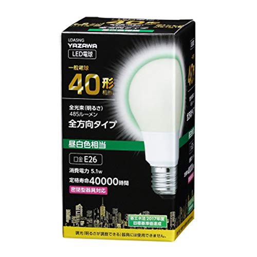 省エネ法2017年度目標基準値達成のLEDランプリビング、寝室などお好みの使用シーンご利用できます。 省エネ法2017年度目標基準値達成●材質:ポリカーボネート、アルミニウム ●口金:E26 ●定格電圧:100V ●定格消費電力:5.1W ●定格入力電流:0.09A ●光源色:昼白色 ●全光束:607lm ●色温度:5000K ●調光対応:不可 ●設計寿命:40000h ●密閉型器具:対応 ●本体寸法:φ60×(H)108mm ●本体重量:47g ●包装形態:化粧箱 ●パッケージ寸法:(W)61×(H)112×(D)61mm ●パッケージ重量:70g省エネ法2017年度目標基準値達成のLEDランプ