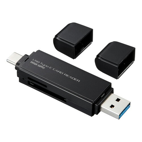 TYPE-CとUSB Aの両方で使えるカードリーダーUSB Type-CコネクタとUSB Aコネクタを搭載していて、PC以外にもType-C対応のスマートフォン・タブレットでも使用できます。 キャップ2個付きで両側のコネクタを埃などから守ります。 最新規格USBTypeCコネクタ採用のカードリーダーです。 USB3.1Gen1(5Gbps)(理論値)の転送速度に対応しています。 表裏どちらでも挿入できる便利なコネクタです。 SDXCメモリカード(UHS-)256GB対応です。 電源不要のバスパワータイプです。 *USB3.1 Gen1(USB3.0)機器として使用するためにはUSB3.1 Gen1(USB3.0)対応のホストアダプタかUSB　TypeC対応ポートを搭載した 機器でなくてはなりません。●インターフェース:USB Ver.3.1 Gen1準拠(USB Ver.3.0/2.0上位互換) ●スロット:SDメモリーカードスロット×1 　　　　　　microSDカードスロット×1 ●サイズ:W80×D20×H11.2mm ●重量:約12 ●消費電流:動作時/200mA(MAX) 　 スタンバイ時/40mA(MAX) ●環境条件(結露なきこと):動作時　温度・湿度/0℃〜40℃、0%〜80% 　　　　　　　　　　　　　　保管時　温度・湿度/0℃〜45℃、0%〜90%TYPE-CとUSB Aの両方で使えるカードリーダー