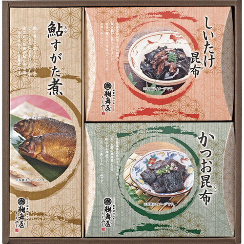 心を伝える日本の味伝統製法で炊き上げた佃煮惣菜の詰合せです。そのままでもごはんのお供や酒の肴にも重宝します。メーカー品番 : HNA-25 セット内容 : 鮎すがた煮(75g)・しいたけ昆布・かつお昆布(各70g)×各1 賞味期限 : 常温1年6ヶ月 アレルゲン : 小麦 箱サイズ : 23.4×23.4×4cm 箱入重量 : 0.3kg心を伝える日本の味