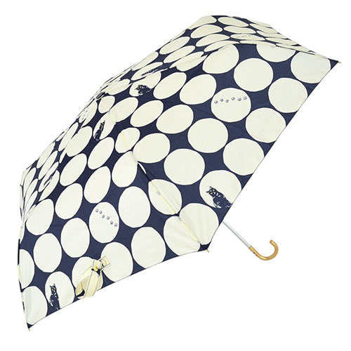 三国 MKN 55cm 折りたたみ傘 耐風楽々ミニ 大きい水玉と猫 大人かわいい 金糸の猫刺繍 猫のあしあとス..