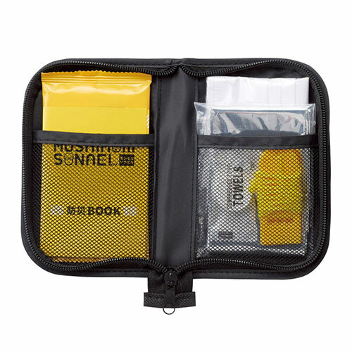 【5セット】 モシモニソナエル 防災ポーチ(防災グッズ7点 ポーチ・圧縮タオル・アルミシート・ウェットティッシュ・ホイッスル・不織布マスク・防災ブック) SP-36103X5