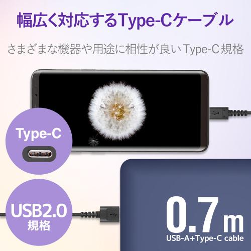 エレコム MPA-ACS07NBK スマートフォン用USBケーブル USB(A-C) 認証品 高耐久 0.7m ブラック 《納期未定》
