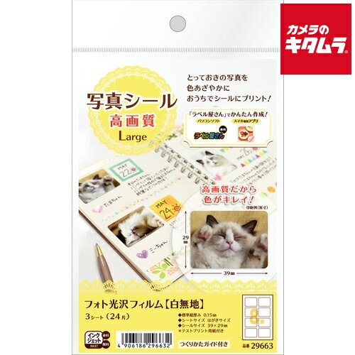 エーワン 29663 フォト光沢フィルム Large ハガキサイズ 8面 3シート 白無地