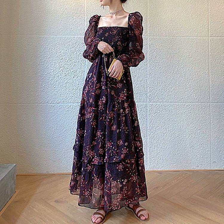 背中開き バックシャン スクエアネック パフスリーブ ティアード フレアワンピース ロングスカート ロングワンピース レディース