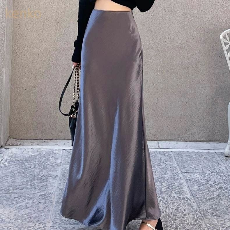 カジ おしゃれ 上品 シンプル きれいめ セミフレア 光沢 サテン ウエストゴム ハイウエスト Aライン レディース ロングスカート