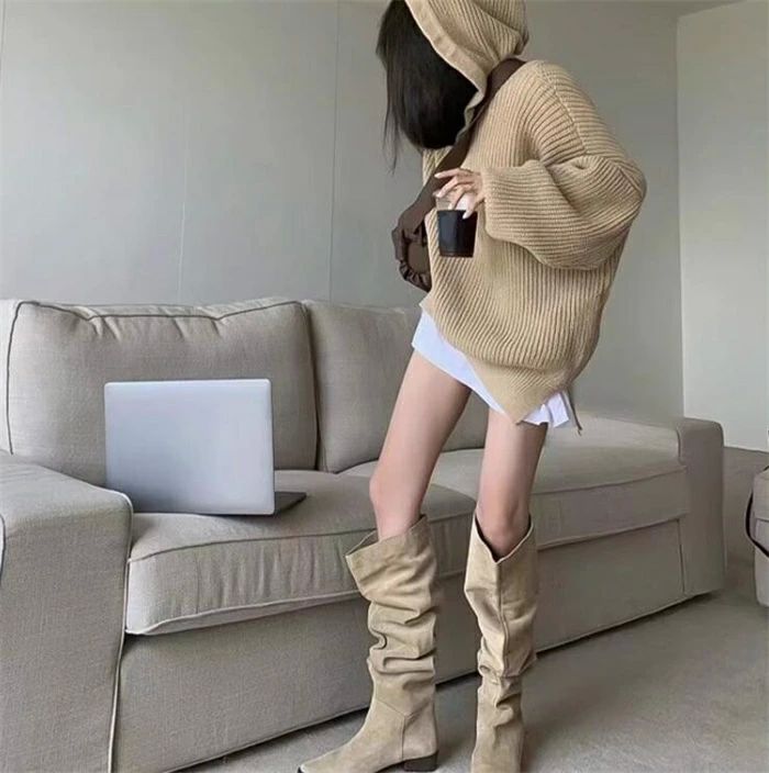 レディース くしゅくしゅブーツ 大きいサイズ ロングブーツ 履き口 ゆったり ブーツ 美脚 カジュアル ローヒール シューズ ぺた