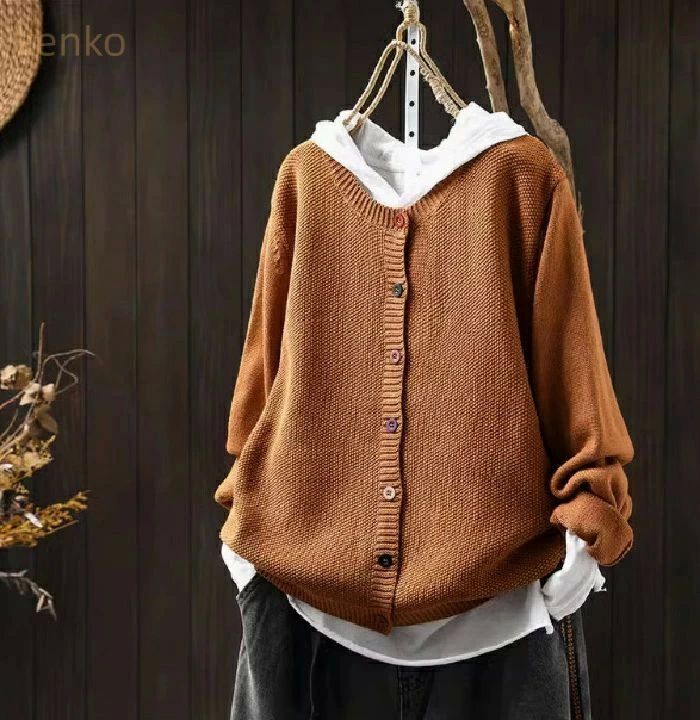 ニットカーデ ゆるカーディガン ニット クルーネック カーディガン コットンニットカーディガン 長袖 秋冬 冬 秋 春 レディース