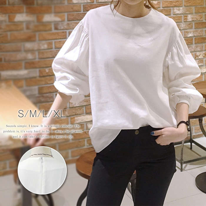 韓国風 送料無料 オフィス おしゃれ カジュアル ボリューム袖 シャツ 無地 長袖 9分袖 チュニック 白 トップス 秋冬 レディース