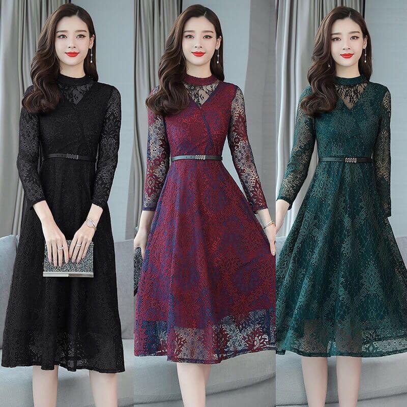 花嫁 お嬢様 披露宴 二次会 冬 秋 夏 春 秋冬 大人 ドレス パーティー 結婚式 フォーマルドレス 大きいサイズ 長袖 ワンピ ミディアム丈 黒 フォーマル Aライン きれいめ 膝丈 総レース 花柄 ロング レース ロングワンピース レディース