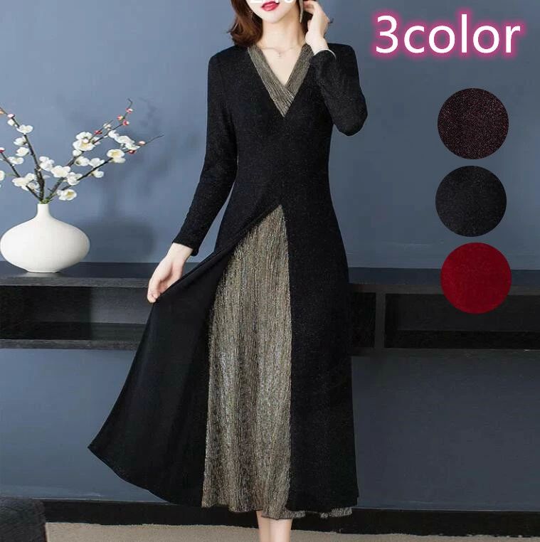 可愛い かわいい 通勤 OL オフィス カジュアル 発表会 ドレス パーティー 結婚式 フォーマル 大きいサイズ 長袖 七分袖 ワンピ 冬 秋 夏 春 上品 大人 フレアワンピース Aライン ロング スリット 配色 切り替え Vネック ロングワンピース レディース
