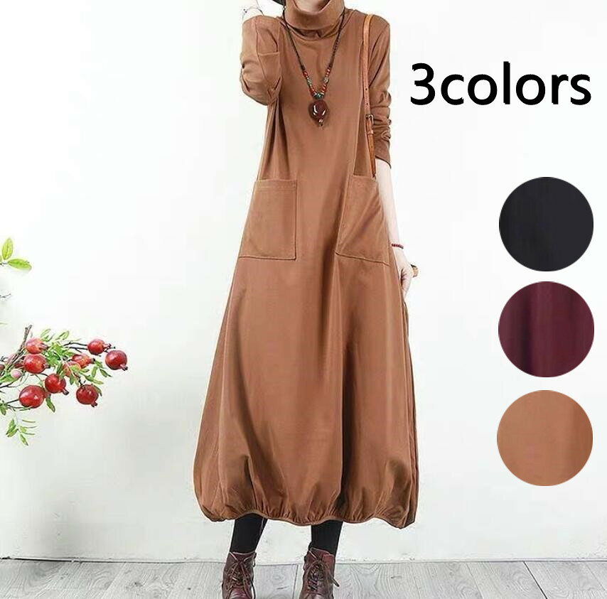 可愛い かわいい 通勤 OL オフィス カジュアル 発表会 ドレス パーティー 結婚式 フォーマル 大きいサイズ 長袖 七分袖 ワンピ 冬 秋 春 上品 大人 裏起毛 フレアワンピース ハイネック Aライン ロング ロングワンピース レディース