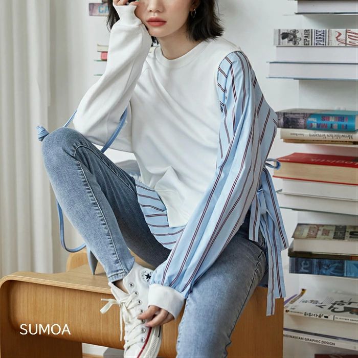 トップス 長袖 レディース プルオーバー ワイシャツ ブラウス ストライプ 重ね着風 ドッキング スェット スエット(4)