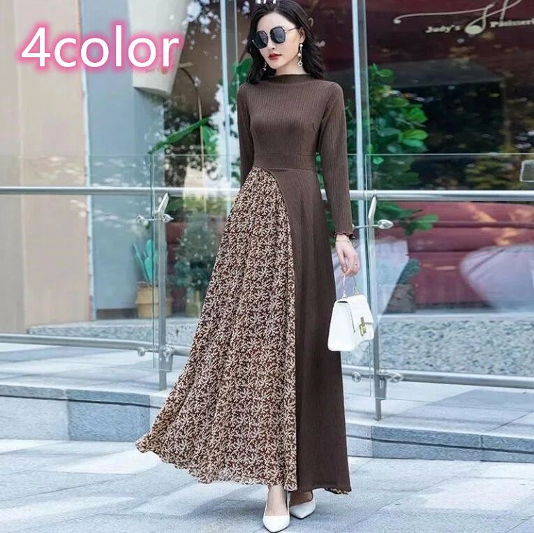 可愛い かわいい 通勤 OL オフィス カジュアル 発表会 ドレス パーティー 結婚式 フォーマル 大きいサイズ 長袖 七分袖 ワンピ 冬 秋 春 上品 大人 スリット 花柄 配色 切り替え ニット フレアワンピース Aライン ロング ロングワンピース レディース