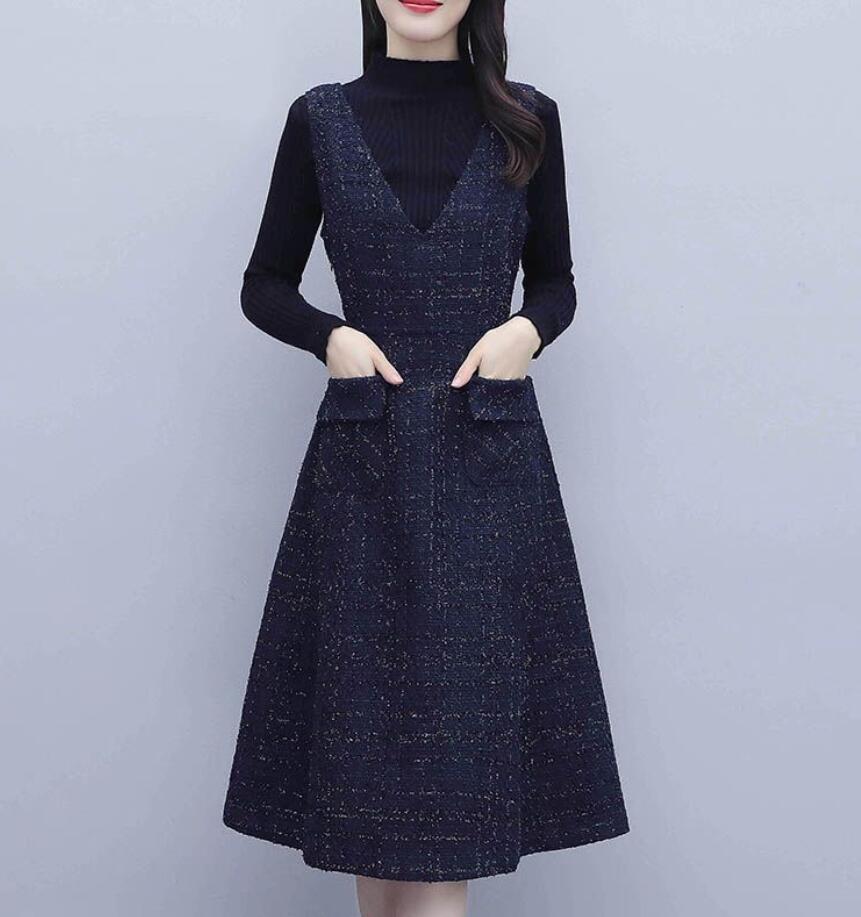 大人 カジュアル シンプル 冬 秋 春 ロング丈 ロングワンピース レディース フレアスカート ノースリーブ チェック柄 ジャンパースカート Vネック