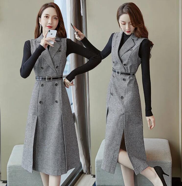 大人 カジュアル シンプル 冬 秋 春 ロング丈 ロングワンピース レディース ノースリーブ スリット 襟 チェック柄 トレンチコート ジャンパースカート Vネック