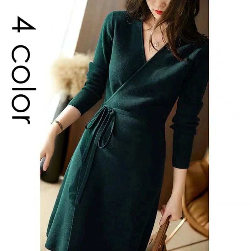 無地 シンプル ナチュラル 秋冬 秋 大きいサイズ 長袖 カジュアル リゾート きれいめ 上品 ニット 膝下 Aライン ロング ニットワンピース レディース