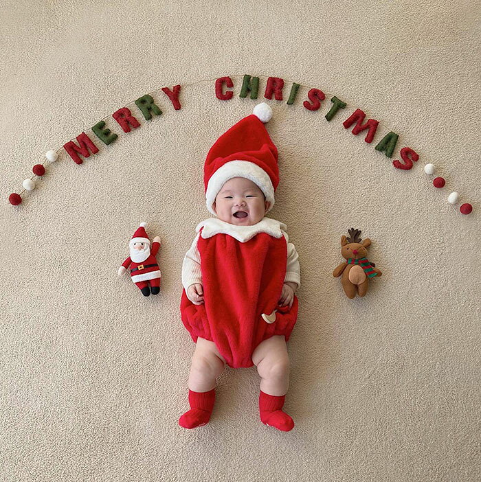 クリスマス コスチューム サンタロース ベビー服 着ぐるみ サンタ 帽子 ロンパース コスプレ もこもこ ..