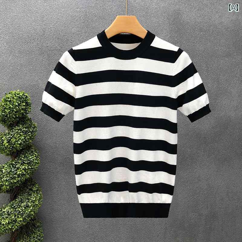 セーター 半袖 ストライプ クラシック 大人 シンプル 韓国 服 紳士服 男性用 モテ オシャレ かっこいい 秋冬 春夏 ファッション