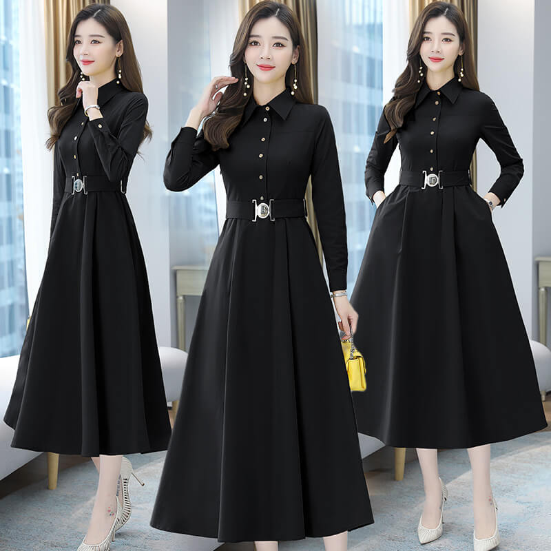 シンプル エレガント 通勤 OL オフィス カジュアル ドレス パーティー 結婚式 フォーマル 大きいサイズ 長袖 ワンピ 秋冬 秋 春 ミディアム丈 黒 上品 大人 フレア Aライン きれいめ マキシ丈 ロング マキシワンピース ロングワンピース レディース