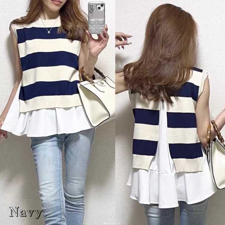 トップス 20代 30代 40代 50代 ファッション フリー フレアブラウス×バックスリット ボーダー サマーニット レイヤード風 おし