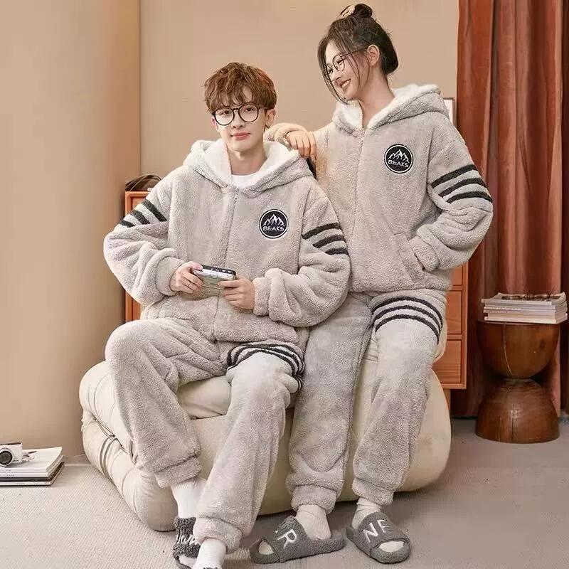 寝 かわいい 部屋着 冬 長袖 秋冬 パジャマ ペア カップル ルームウェア フード付き もこもこ フランネル 上下セット パジャマ
