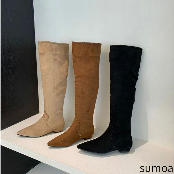 ニーハイ くしゅくしゅ ポインテッドトゥ ロングブーツ 走れる 歩きやすい ローヒール スエード 美脚 ..