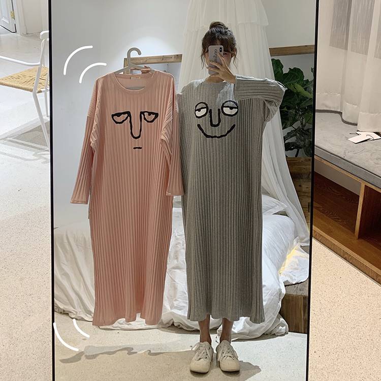 グレー 2xl xl 大きいサイズ ホームウェア 部屋着 寝巻き カジュアル 長袖 綿 秋 春 パジャマ ワンピース かわいい レディース