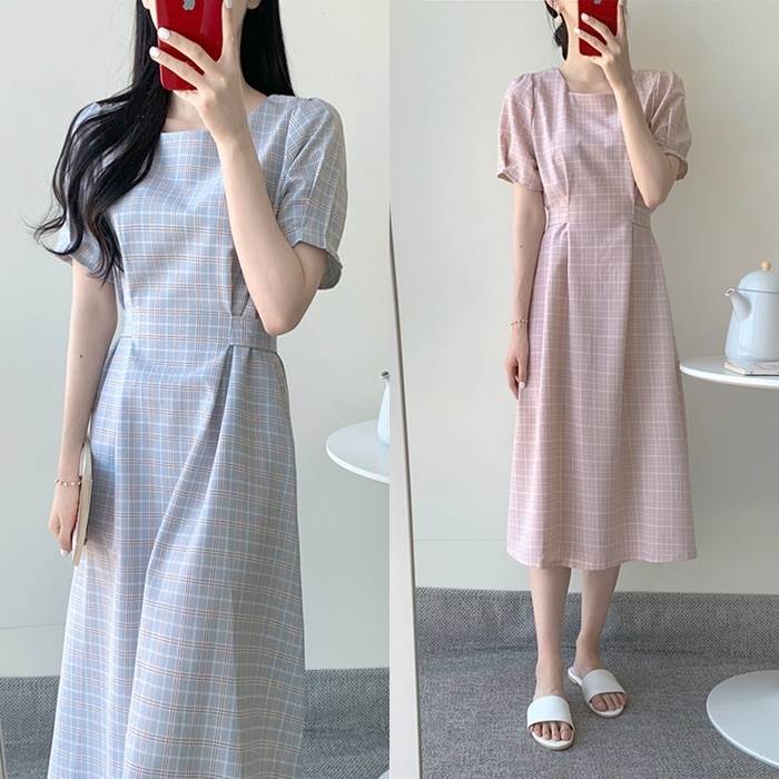 春 リボン 格子 チェック シャーベットカラー ピンク 青 ブルー XL L M S ミディワンピ チェックワンピ..