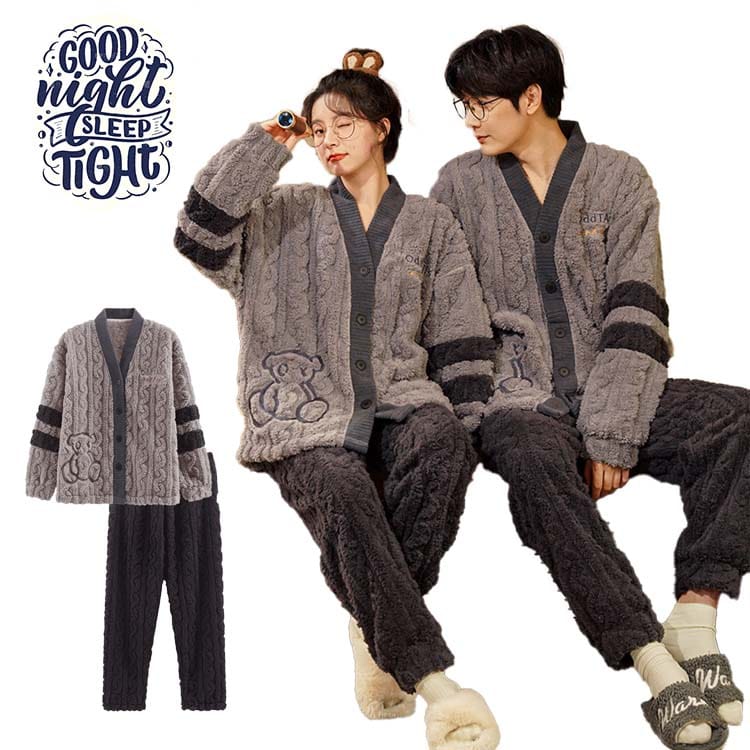 ペア パジャマ 小熊 可愛い 韓国風 フランネル ペアルック パジャマ ユニセックス 紺色 裏起毛 冬 ふわふわ 上下セット 長袖 寝