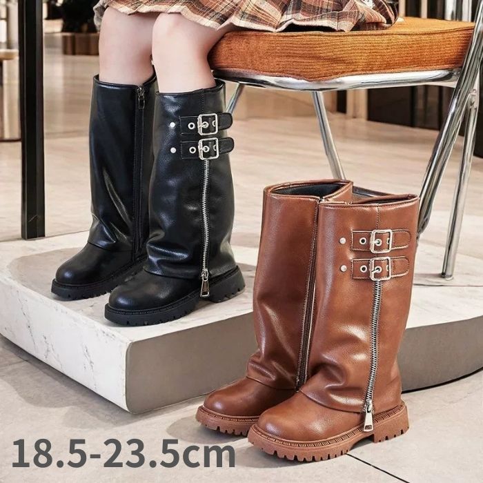 可愛 おしゃれ 人気 靴 かっこいい 女の子 ガールズ ジュニア ファスナー子供用 ベルト ルーズブーツ ..