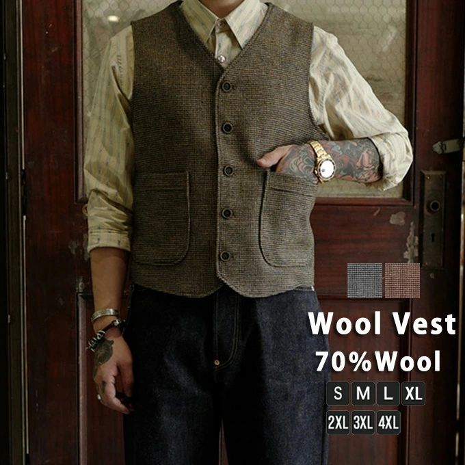 シングル 大きいサイズ スリム 暖かい 高品質 ウール ツイード ジレ スーツ メンズ ツイードベスト 秋冬 ジレベスト メンズ ジレ
