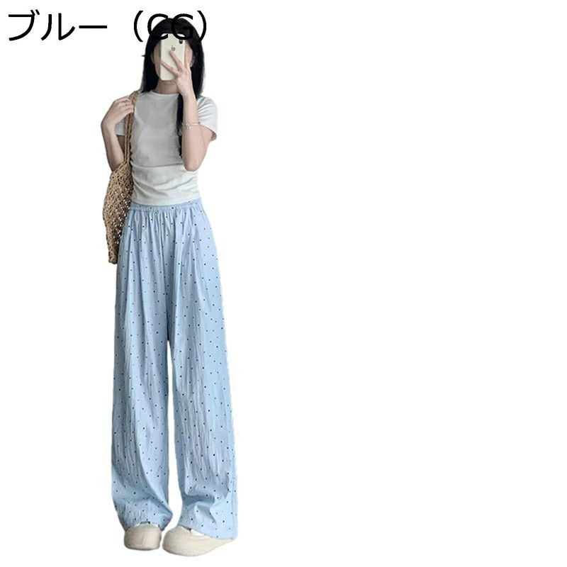 薄 お腹スッキリ 細見え 美脚 ボトムス ハイウェスト イージーパンツ 綿麻 涼しい ゆったり ガウチョパンツ レディース ドット柄