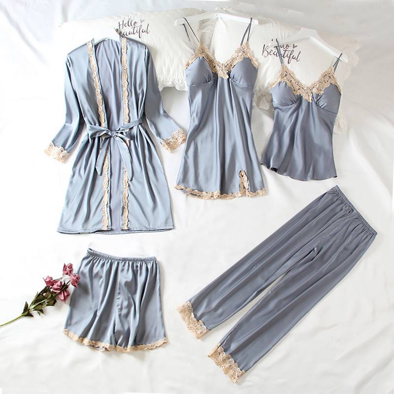 春 ショートパンツ ワンピース パンツ キャミソール ガウン ネグリジェ 寝巻き 部屋着 きれいめ 5点セット パジャマ レディース