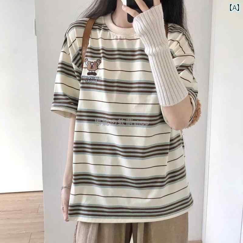 トップス 刺繍 ラウンドネック レディース Tシャツ 半袖 ストライプ カジュアル ゆったり かわいい ス..