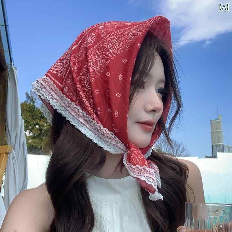 日焼け 夏の ヘッド 凹型 撮影用 写真 ビーチ スカーフ 正方形 小さい レースの エスニック レトロ 女..