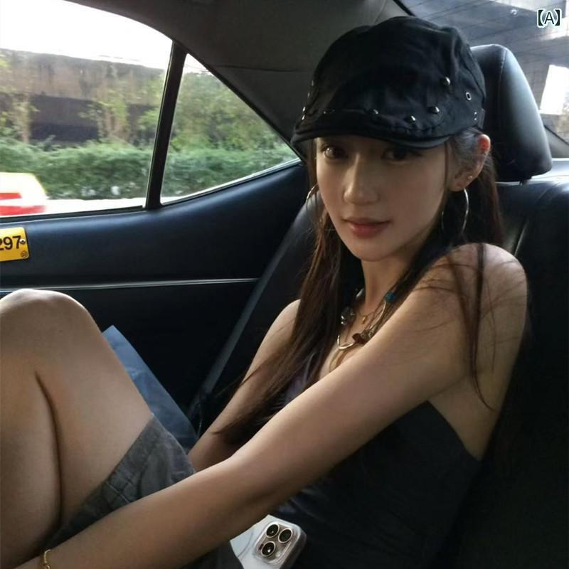 ダック ブラック スリム サマー レディース ハット フォワード スタッズ パンク サブカルチャー レトロ..