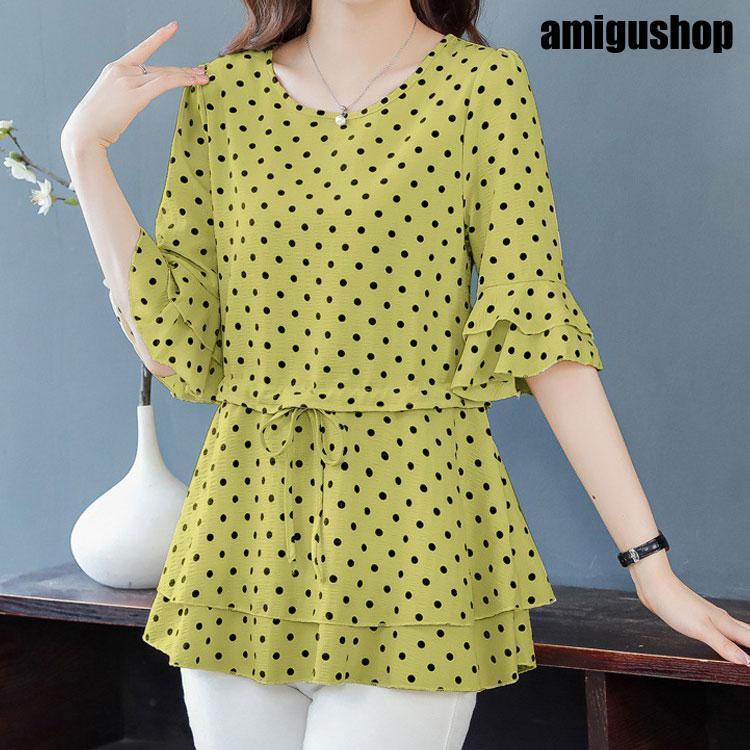 トップス レディース フレア袖 水玉 ドット柄 ペプラム風