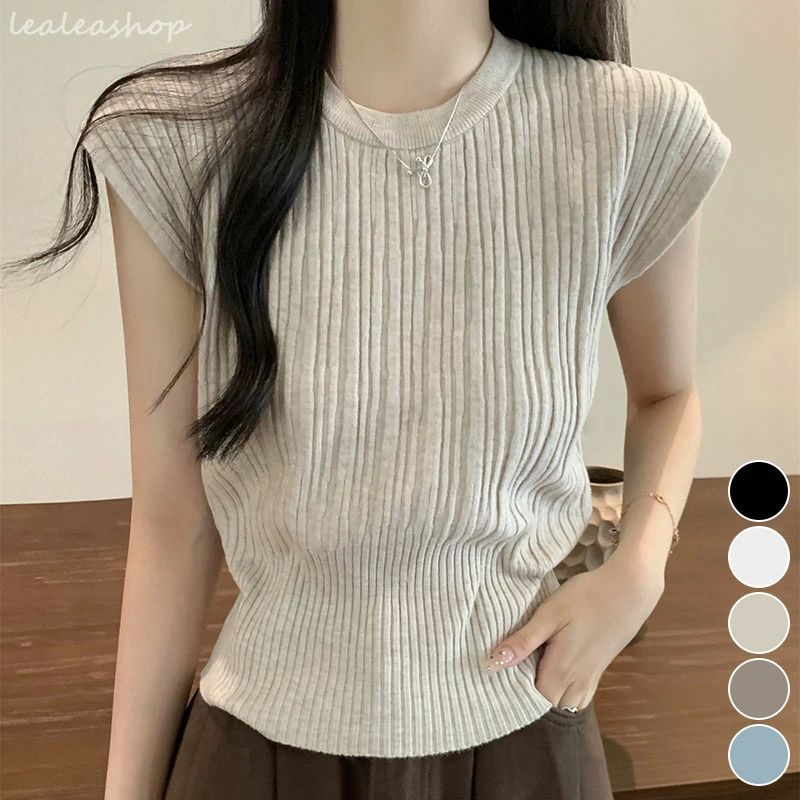 プルオーバー クルーネックニット セーター リブニット フレンチスリーブ クルーネック 半袖 レディー..