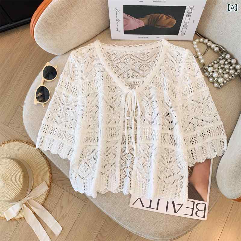 カ ニットカーディガンが 半袖 レース アウト カット ラベル ぴったりの 夏に カジュアル ビジネス オ..