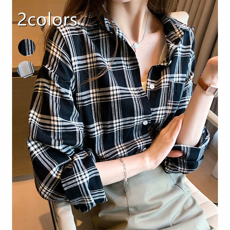 厚手 カジュアル エレガント 大人可愛い フォーマル 通勤 OL オフィス 冬 秋 おしゃれ きれいめ ビジネス ゆったり 大きいサイズ 白 長袖 Vネック チェック柄 トップス ドロップショルダー レディース チェックシャツ ブラウス シャツ