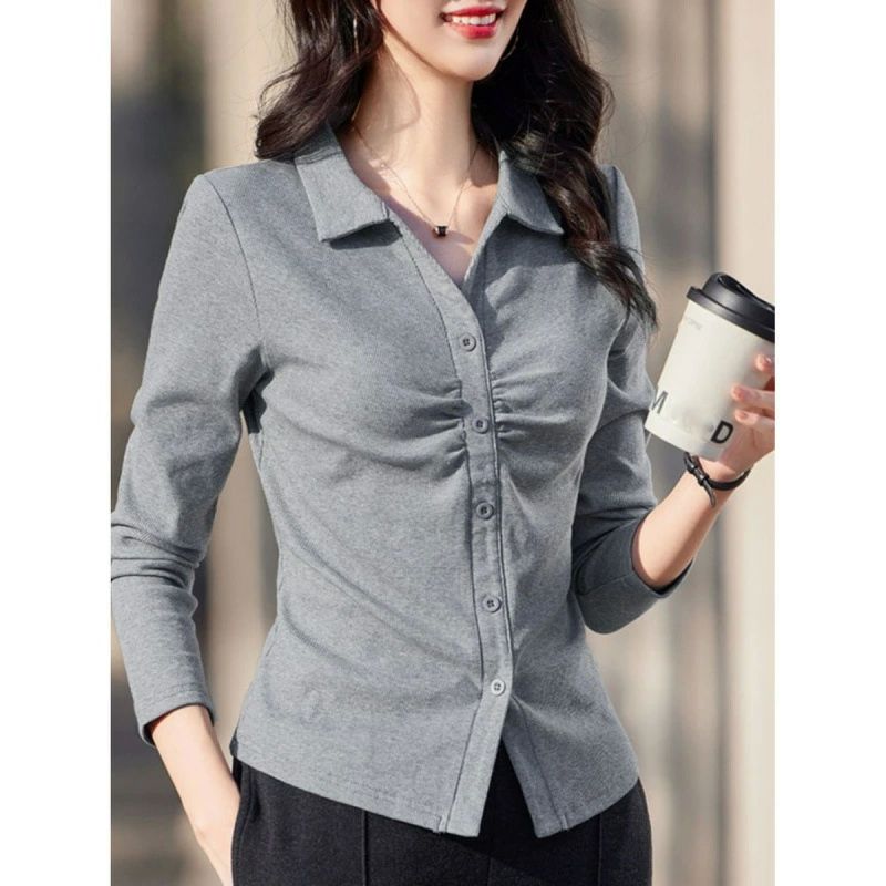 冬 秋 春 無地 着痩せ 通勤 ビジネス OL オフィス フロントタック 襟付き 開襟シャツ 長袖 レディース ストライプ柄 切り替え トップス ブラウス