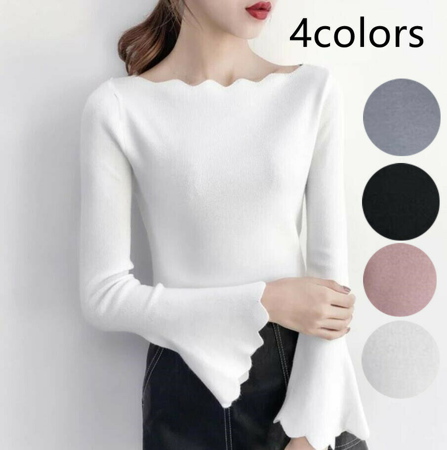 秋 冬 春 黒 カジュアル 大きいサイズ 保温 無地 長袖 スピーカースリーブ ボートネック リブ セーター トップス レディース