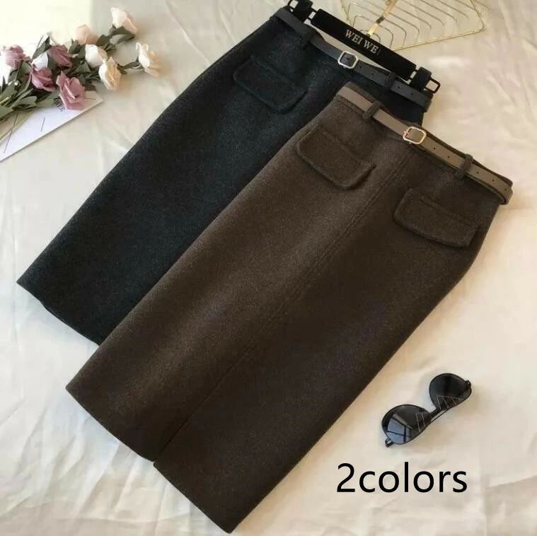 ベルト付き 冬 秋 春 無地 ストレッチ 体型カバー ハイウエスト 裏地付き ひざ丈 膝丈 ミモレ丈 ミディアム丈 ペンシルスカートミモレ丈スカート レディース ボトムス タイトスカート ウール混