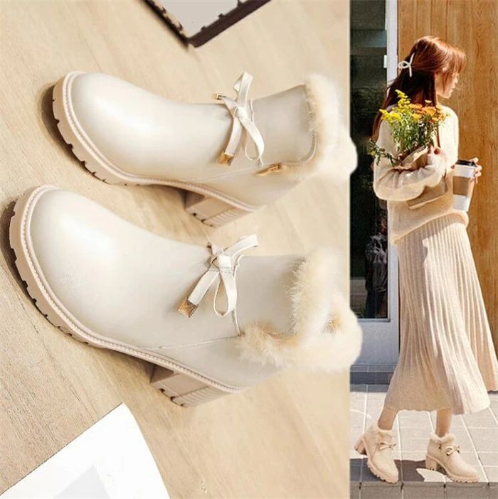 ショートブーツ レディース ファーブーツ ショート ブーツ チャンキーヒール ミドル ブーツ 裏起毛 暖かい もこもこ 歩きやすい